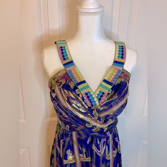 Nicole Miller Silk Sheer Metallic Aztec Cleopatra Multicolor Goddess Maxi Size 6 - Picture 3 of 14